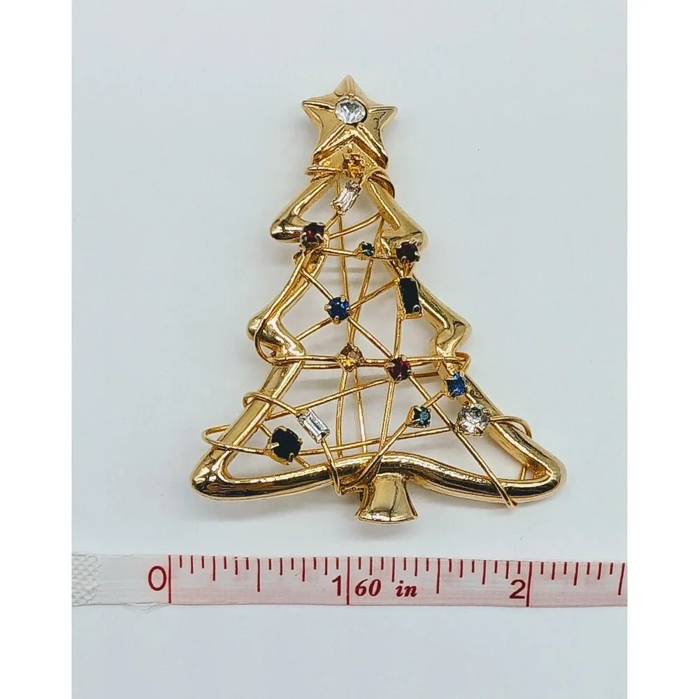 Gold Tone Christmas Tree Multicolor Rhinestone Twisted Wire Brooch Pin